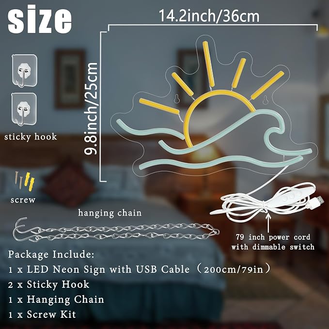 Sunrise Sunset Neon Sign Sunrise Wave Neon Light for Wall Decor Dimmable LED Sun Sea Ocean Light Up Sign for Bedroom Living Room Game Room Bar Party Wall Art Beach Themed Decor Summer Vibe Presents for Teens Girls Boys