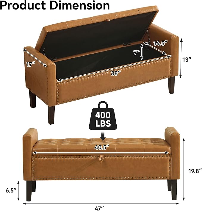 WUTUTUEE 47" Modern Water-Resistant Faux Leather Storage Ottoman Bench with Wooden Legs, Upholstered End of Bed Bench for Bedroom, Living Room or Entryway, Light Brown