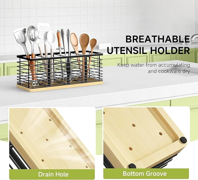 Kitchen Cooking Utensil Holder for Kitchen Counter,4 Large Black Compartments with Wooden Base utensil caddy,Rustic Style Utensil Utensil Organizer for Farmhouse Kitchen Countertop
