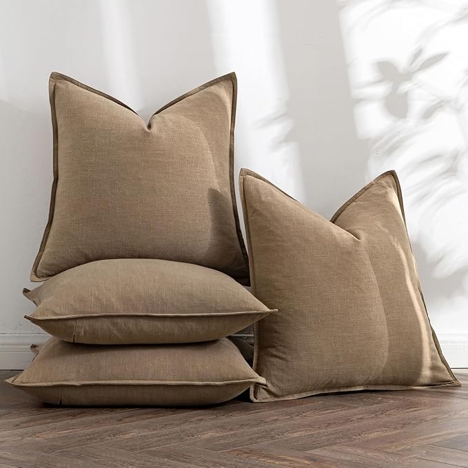 MIULEE Khaki Linen Pillow Covers Pack of 4 Decorative Natural Solid Throw Pillow Covers Soft Accent Boho Farmhouse Couch Pillowcases Modern Spring Home Decors for Living Room Bed Sofa 18x18 Inch
