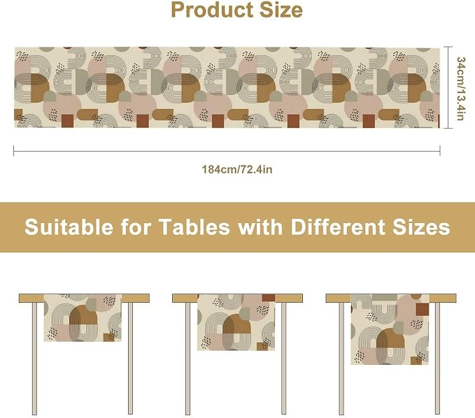 Mid Century Table Runner, Boho Neutral Abstract Geometric Bohemian Modern Table Decoration for Kitchen Dining Home Party Birthday, 13x90 Inch
