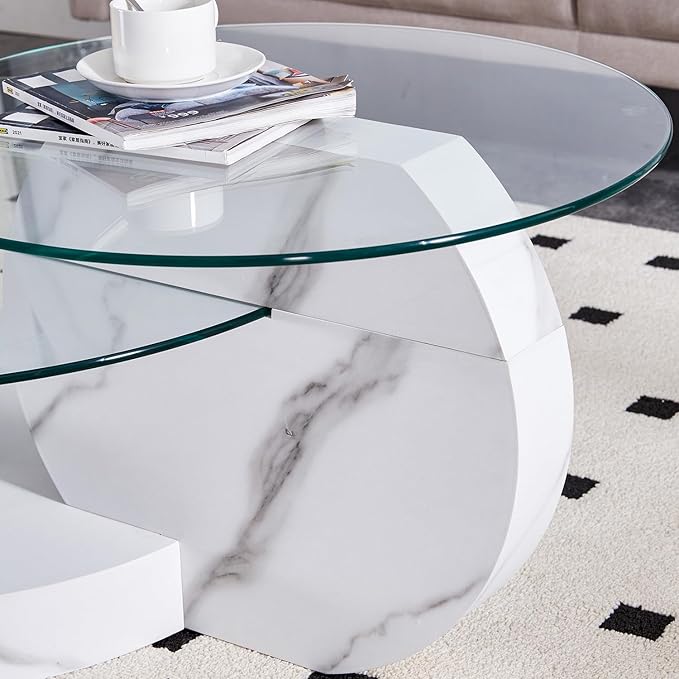 42" Glass Coffee Table, Round Coffee Table, Modern Double Layer Round Glass Coffee Table for Living Room, White