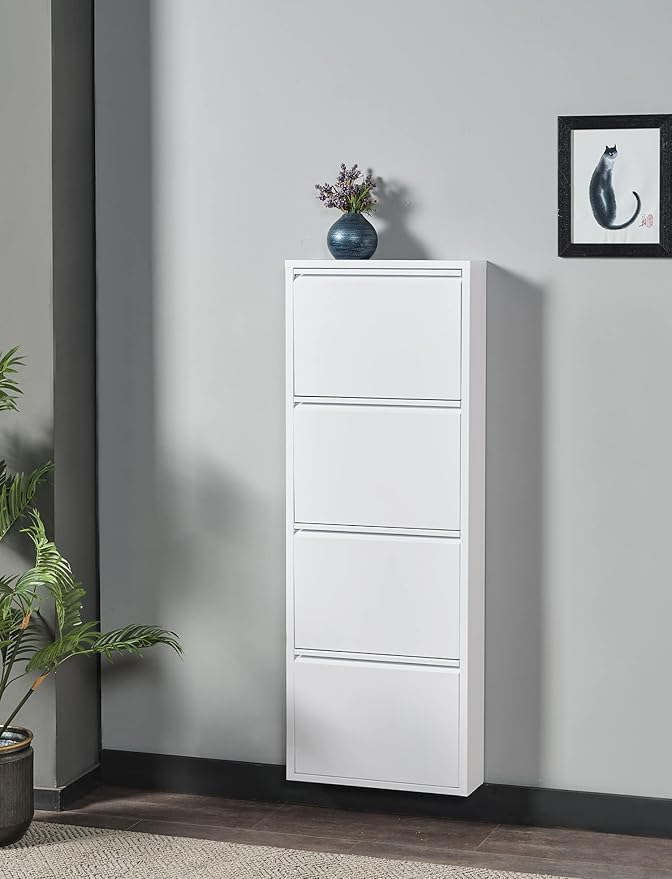 Flip Drawer Shoe Cabinet, Storage Organizer, Freestanding Shoe Rack, Wall Mounted No-Assembly (White, 4 Drawer)