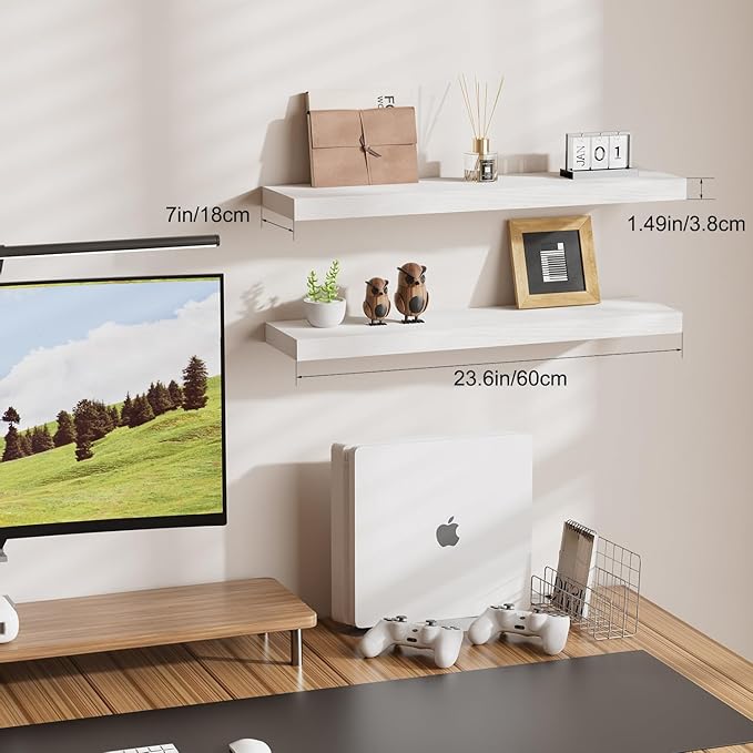 Floating Shelves White, Wall Mounted Wooden Shelves for Bathroom Over Toilet, Bedroom, Living Room, Kitchen & Office, Hanging Shelf for Storage & Decor Display, Set of 2, 24"x7"x1.5"