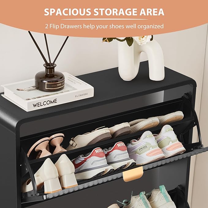 RARZOE Fluted Shoe Storage Cabinet with 2 Flip Drawers, Narrow Curved Shoe Cabinet for Entryway, Freestanding Wood Hidden Shoe Organizer Closed Shoe Rack Cabinet for Foyer, Hallway (27.5''Black)