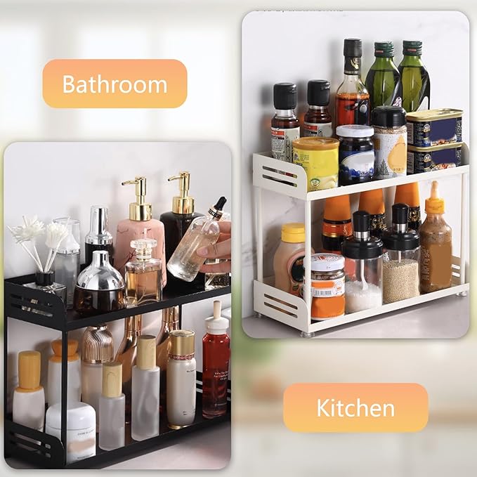 2-Tier Countertop Organizer Shelf – Functional Storage Rack for Kitchen, Bathroom, Vanity, Bedroom & More – Ideal for Spices, Toiletries, Skincare, and Makeup (Black)