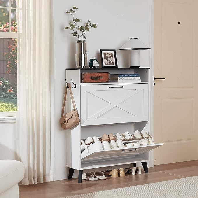 Joaxswe Shoe Cabinet Storage for Entryway with 2 Flip Drawers 2 Hook Open Storage Layer Rack Narrow Organizer Slim Hidden Wood Shoe Cabinet Furniture White