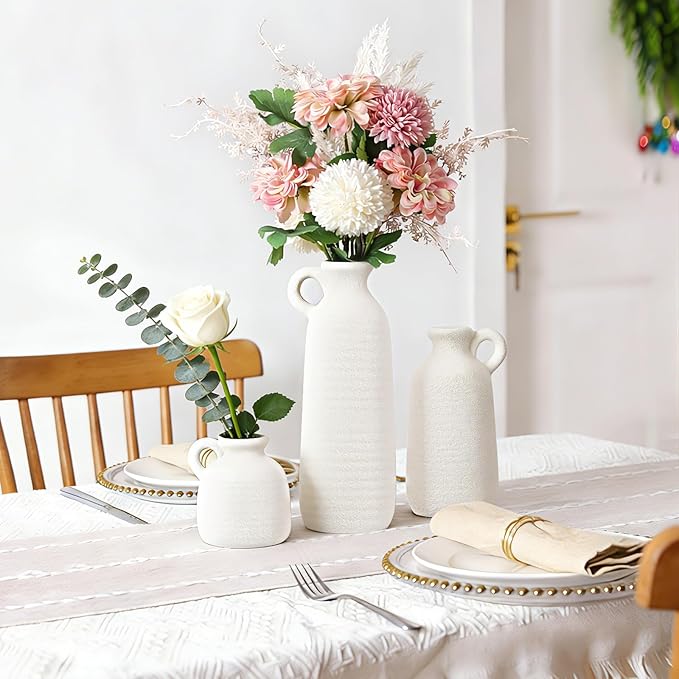 Ceramic Vase Set of 3 with Handle, White Modern Farmhouse Vases for Pampas Grass & Dried Flowers, Flower Vase for Table Living Room Home Decor