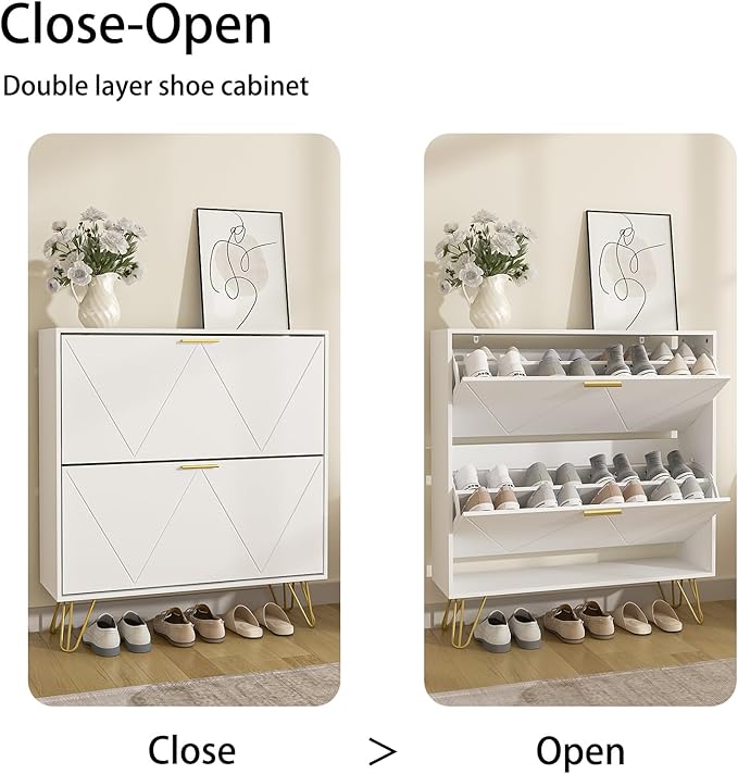 LYNSOM Shoe Cabinet with 2 Flip Drawers, Shoe Cabinet Storage for Entryway, White Shoe Storage Cabinet, Slim Wooden Freestanding Shoe Rack, Shoe Organizer with Fluted Panel for Hallway