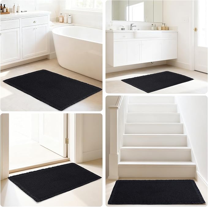 Hiasan Set of 2 Waffle Bath Mat, Super Absorbent Non Slip Bathroom Boho Rug with Tassels, Machine Washable Bath Mats for Bathroom, Ultra Soft Rubber Backed Rug, Black, 20" x 32" + 24" x 60"