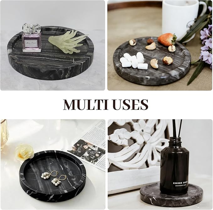 Natural Marble Tray, Round Black Tray for Bedroom/Bathroom/Kitchen/Vanity Countertop, Jewelry Tray for Rings Earrings Necklace Bracelet Watch, Room Decor Aesthetic