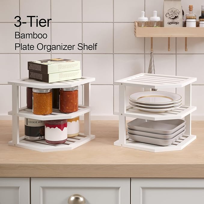VERTORGAN 3 Tier Bamboo Corner Shelf(2 Pack),Dish Drying Rack,Plate Organizer,Kitchen Spice Rack for Countertop and Cabinet(White)