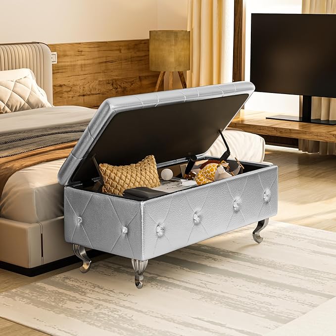DKLGG Storage Ottoman Bench for Bedroom, Upholstered Entryway Bench with Legs & Safety Hinge, Small Storage Bench for Living Room/End of Bed/Entryway/Window, Silver