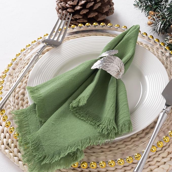 DeZerlor 12 Pack Sage Green Cotton Linen Napkins with Fringe Summer Cloth Napkins Set of 12 Boho Handmade Dinner Napkins Bulk for Wedding Bridal Baby Shower Parties, 17 x 17 Inches