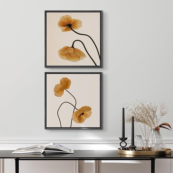 SIGNFORD Framed Canvas Print Wall Art Set Minimal Floral Poppy Soft Beige Botanical Modern Art Relax/Calm for Living Room, Bedroom, Office - 16"x16"x2 BLACK