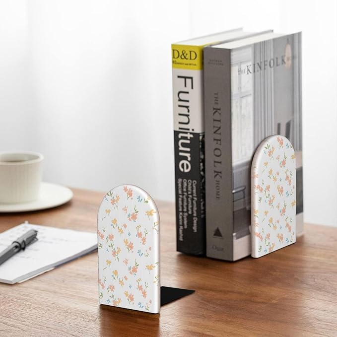 Yellow and Pink Floral Fragments Wood Book Ends for Shelves, Non-Skid Bookends for Office, Library, and Home Decor, 1 Pair