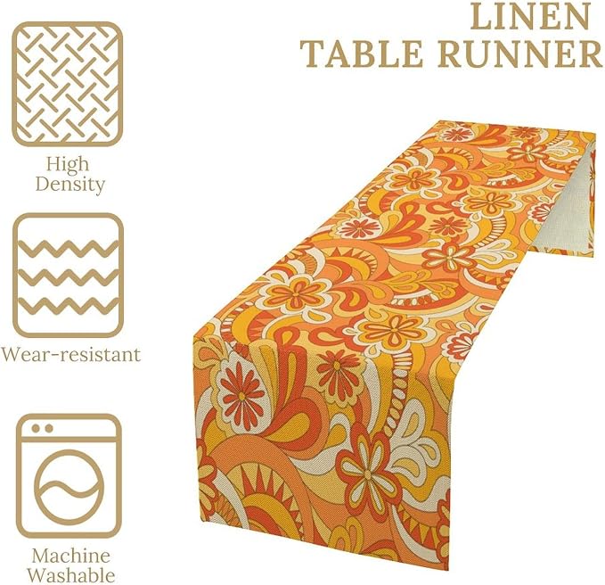 Vintage Groovy Florals Table Runner Nostalgic Retro Hippie 70s Wavy Abstract Flowers Dinner Runner for Home Kitchen Dining Table Holiday Party Decor 13"x36"
