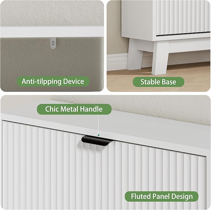 Xixini Shoe Cabinet with 2 Flip Drawers, 37" Tall Narrow Fluted Shoe Storage Organizer for Entryway, Hidden Slim Wooden Shoe Rack Cabinet for Front Door Entrance, Hallway, Living Room, Solid White