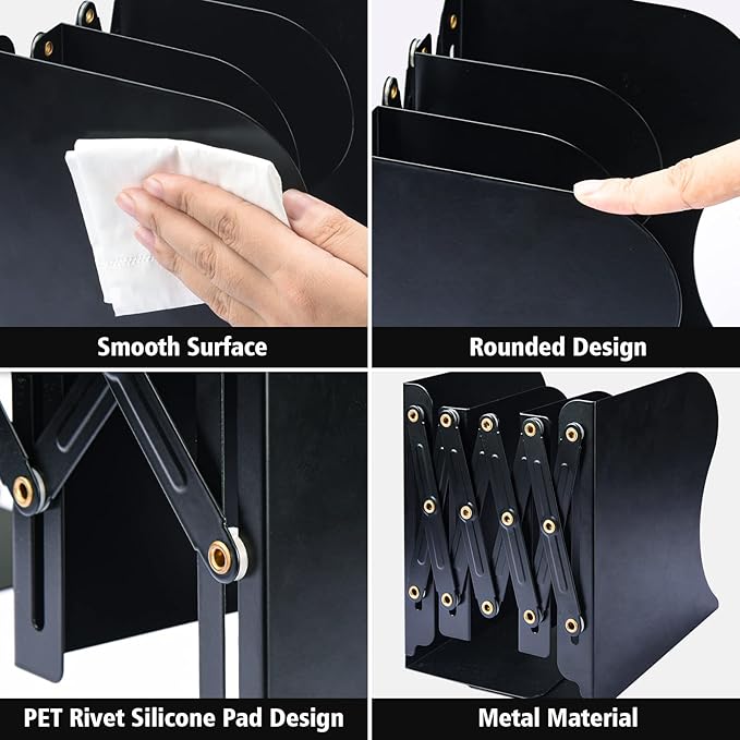 Adjustable Bookends, Metal Book Ends for Heavy Book, 2 Dividers, Nonslip Book Stander for Desk, Shelf, Office, Stationery Gift, Extends up to 19 inches (Black)