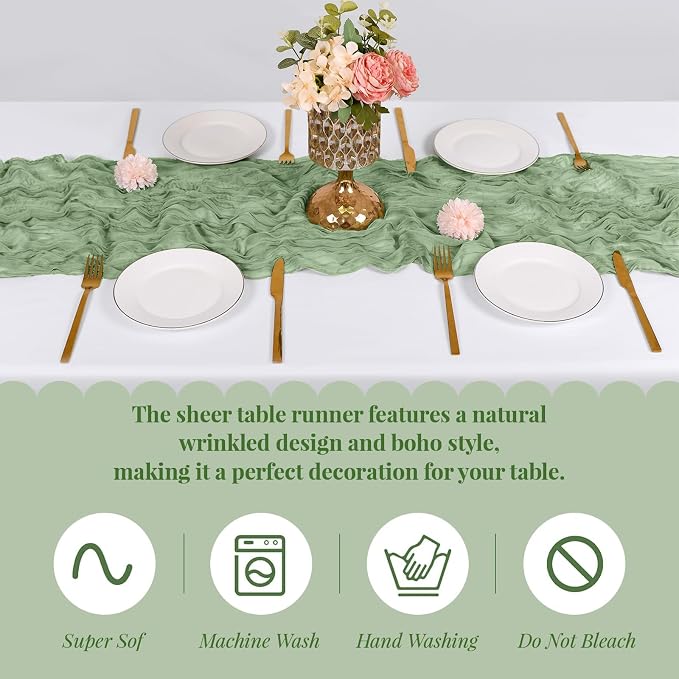 6 Pack Sage Green Cheesecloth Table Runner, 17 x 108 Inch, Gauze Cheese Cloth Table Runner Rustic Sheer Runner for Wedding Birthday Party Baby Shower Table Decor(Sage Green)