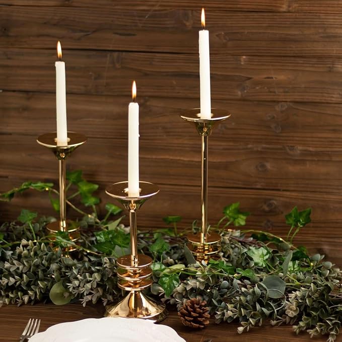 Efavormart Set of 3 | Gold Metal Taper Candlestick Holders, 3 Disk Pedestal Design Candle Stands - 9", 11", 13"