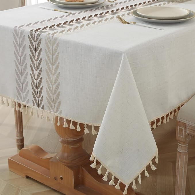 Alsoo Embroidered Tablecloth Rectangle 55 x 106 Inch, Farmhouse Otanical Floral Table Cloth Waterproof Washable Cotton Linen Fabric for Kitchen Dining Festival