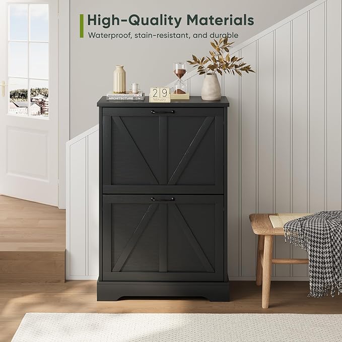 Smart FENDEE Shoe Cabinet, Shoe Storage Cabinet for Entryway with 2 Flip Drawers, Narrow Farmhouse Shoe Organizer Cabinet, Slim Shoe Rack Cabinet, 23.6in Black