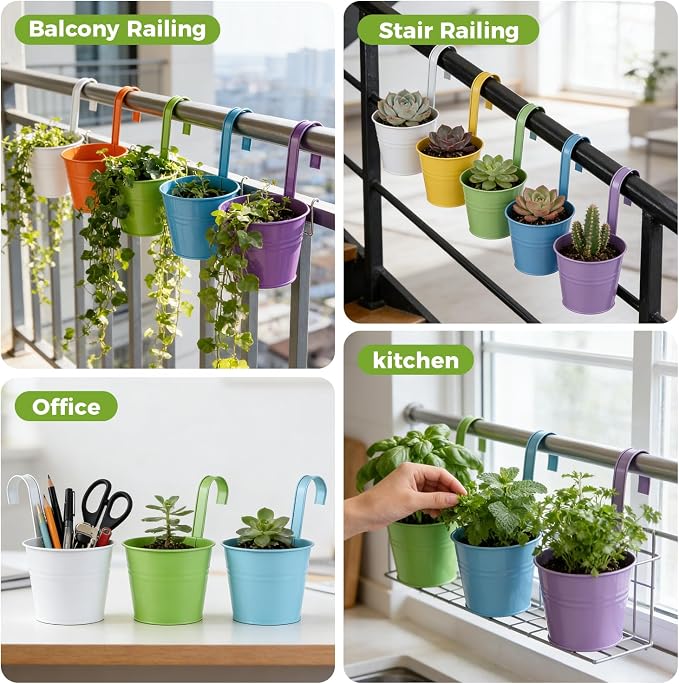12 Pack Balcony Planters Railing Hanging, Colorful Railing Planter 6.4 Inch Plant Pots with Drainage Holes Hanging Plant Holder Indoor Hanging Planter Outdoor Flower Pots