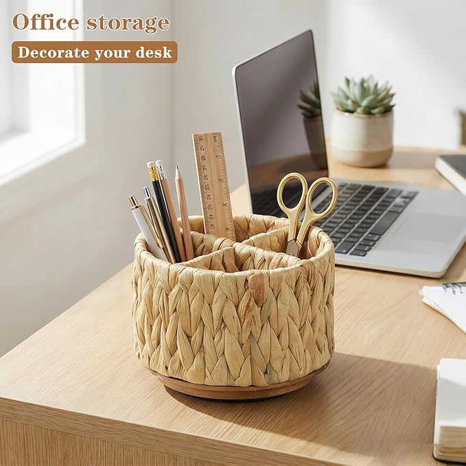 BIBELUN TV Remote Control Holder - Woven Water Hyacinth 360 Degree Rotating Desk Organizer | Boho Rattan Spinning Caddy | Pen/Art Supplies/Stationery Storage for Office, Living Room, Bedside Table