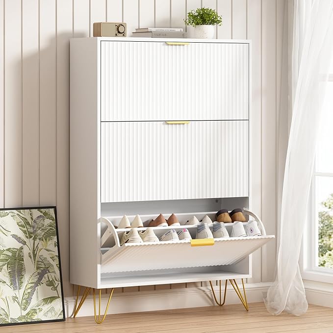 Shoe Storage Cabinet with 3 Flip Drawers, 31.5" W Fluted Shoe Cabinet for Entryway, Hidden Shoe Cabinet Storage, Narrow Free Standing Shoe Orgnaizer Rack Cabinet for Foyer Hallway, White
