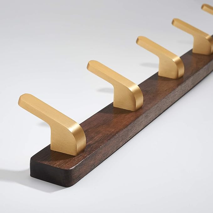 Wall Mounted Coat Rack, Entryway Hanging Coat Rack, Metal Wood Coat Rail with 5 Rustic Hooks Rail for Coat, Scarf, Bag, Towel, Key, Cap, Hat, Walnut Gold Matt