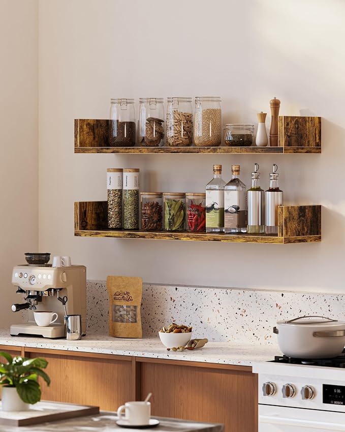 Floating Bookshelves for Wall - Wall Mounted Bookshelf Set of 4, U-Shaped Hanging Bookshelf for Bedroom, Living Room & Office, Wall Book Shelf for Home Decor & Storage (Rustic Brown, 31.5, 2)