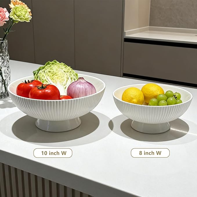 Gutedeal 10 Inch Large Decorative Bowl Handmade Ceramic Matte White Striped Decor Bowls, Spacious Fruit & Key Catch All Bowl for Kitchen Counter, Entryway, Centerpiece, Wedding