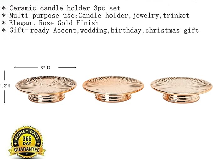 ADAVAS.Y&G Ceramic Rose Gold Candle Plate Set, 3-Piece – Decorative Candle Holder Tray for Pillar Candles, Jewelry, Stand for Flower vases – Elegant Wedding Decor and Table decoratives
