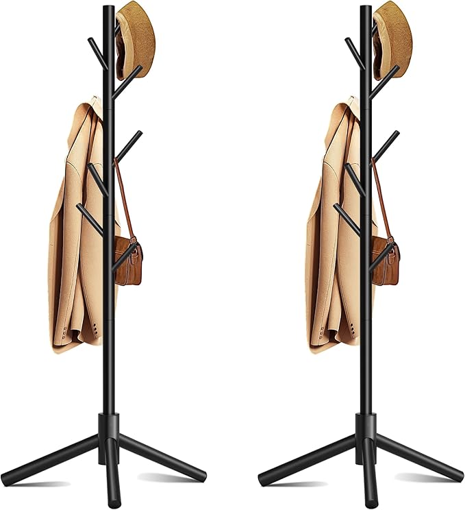 Coat Rack, Coat Racks Freestanding with 8 Hooks 3 Adjustable Heights for Clothes, Hats, Handbags, Coat Tree Easy Assembly for Entryway, Bedroom, Hallway, Office(Black 2PCS)