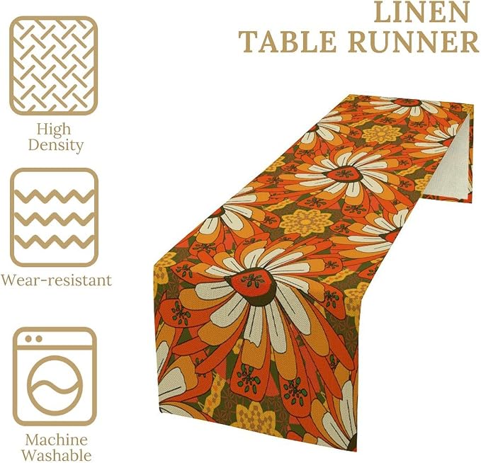Vintage Floral Table Runner Boho Retro Traditional Flower Hippie Groovy Mid Century Dinner Runner for Home Kitchen Dining Table Party Holiday Decor 13"x36"