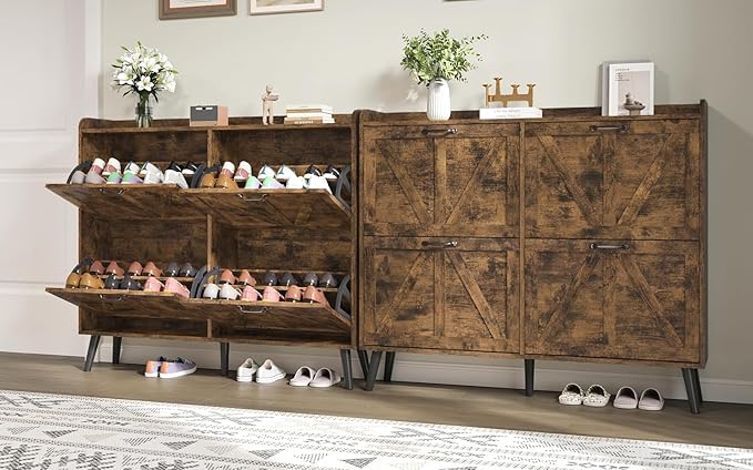 Shoe Cabinet Storage for Entryway Slim, Farmhouse Shoe Organizer Cabinet with 4 Flip Drawers, Farmhouse Hidden Shoe Rack with Wooden Legs, Rustic Brown