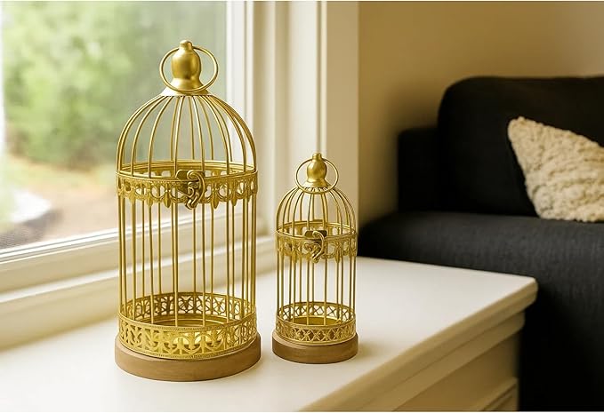 VELA LANTERNS Birdcage Candle Lanterns – Set of 2 Decorative Metal Lanterns on Wooden Base – Vintage Farmhouse Tabletop & Hanging Lantern for Weddings, Parties & Home Decor, Gold