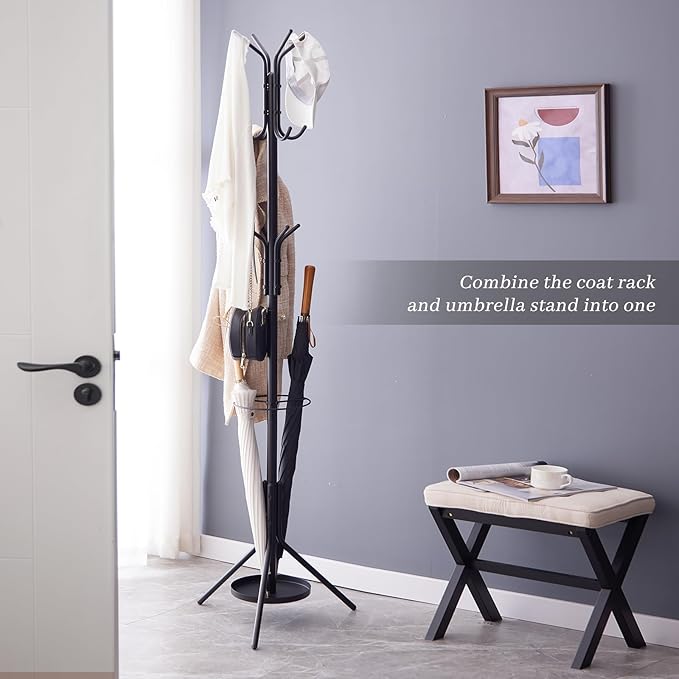 Kitsanery Coat Rack Freestanding,Metal Coat Tree with Umbrella Holder,Hat and Coat Rack Stand for Entryway, Hallway, Living Room, Bedroom (Black)