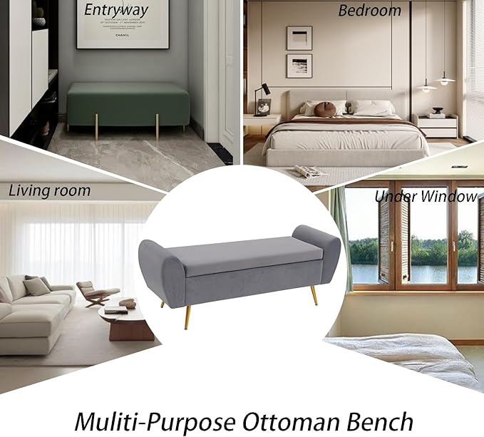 Storage Bench for Bedroom, 55" Extra Long Bench for King Size Bed, Modern Upholstered End of Bed Ottoman Bench with Arms for Entryway Living Room (Velvet, Dark Grey)