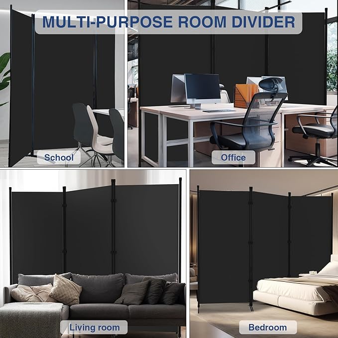 Grezone Large Folding Panel Portable Stand RoomIndoor Room Divider,Portable Office Divider(3-Panel),Folding Partition Privacy Screen for Bedroom,Dining Room, Study Black