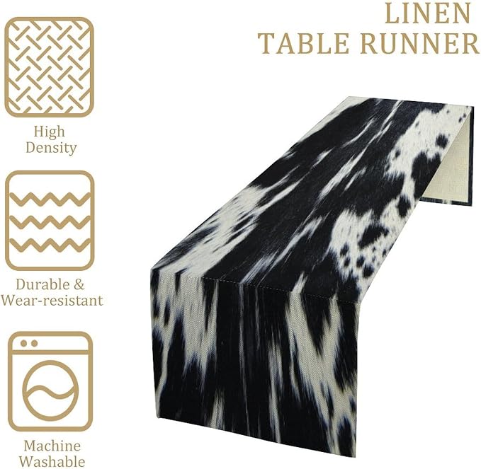 Cow Print Table Runner, Black Cowhide Print Western Style Table Runner Country Farmhouse Cottage Cow Patten Table Decoration for Home Kitchen Dining 13x60 Inch