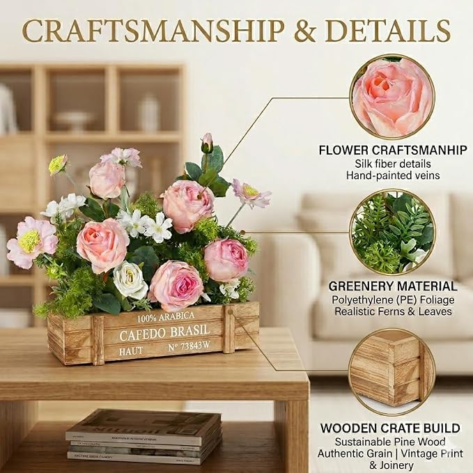 Centerpieces for Tables, Artificial Floral Centerpieces for Dining Table in Rustic Wooden Box, Pink Rose & Daisy Arrangement with White Roses Greenery for Farmhouse Kitchen Living Room Decor
