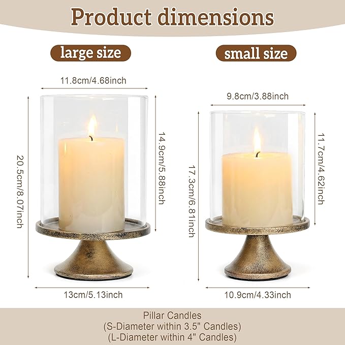Set of 2 Hurricane Candle Holder Set with Glass Dome & Iron Base – Elegant Decorative Pillar Candle Holders for Living Room, Dining Room & Bedroom Centerpiece - Ideal Home Décor