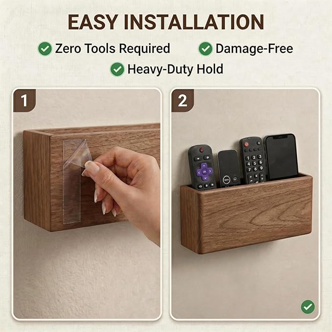 Wall Mount Remote Control Holder, Dark Walnut Wood TV Remote Organizer & Phone Caddy, No-Drill Space-Saving Wall Storage for Living Room, Office, Bedroom and Bedside