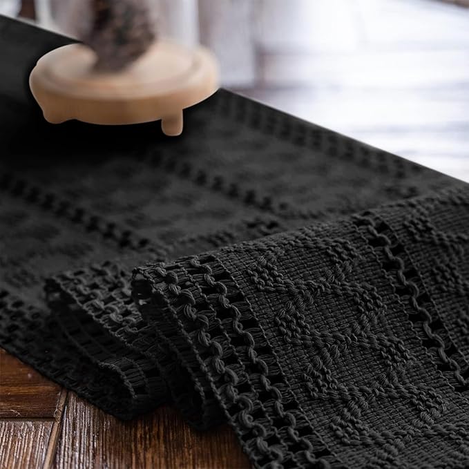 Macrame Table Runner Pure Black Boho Table Runners with Tassels Hand Woven Cotton Table Runner Rustic Farmhouse Table Runners for Bohemian Kitchen Dining Table(12x36in)