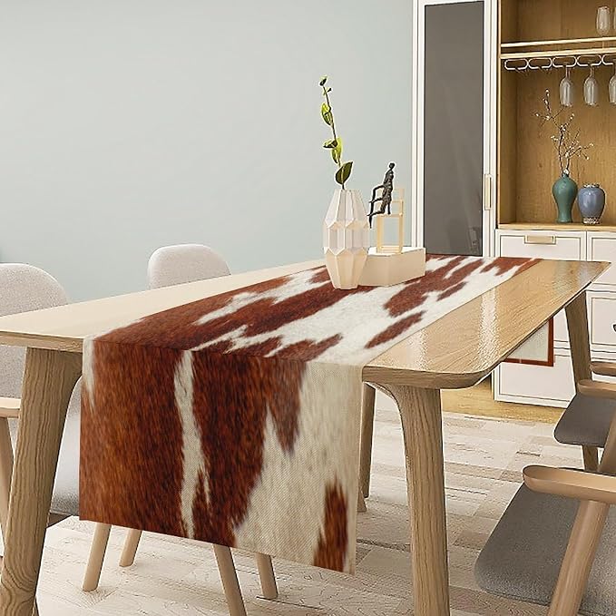 Cow Print Table Runner, Rustic Country Farmhouse Animal Fur Skin Western Farm Brown Cowhide Print Dinner Runner for Home Kitchen Dining Table Decoration 13x90 Inch