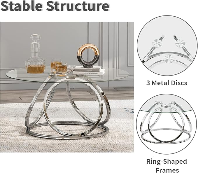 O&K FURNITURE Silver Coffee Table, Modern Glass Coffee Table Living Room Table with Ring-Shaped Frames, Glass Coffee Table for Home&Office, Chrome Finish, 1 PC | Modern, Living Room Table, Glass Coffee Table, Home&Office, 1 PC