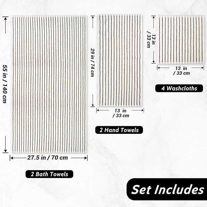Jacquotha 8 Piece Black and White Towel Set, Super Soft & Absorbent Cotton Striped Towels for Bathroom Decor, 2 Bath, 2 Hand, 4 Washcloths
