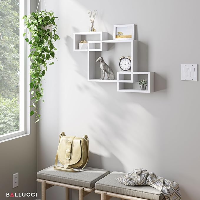 Ballucci Wooden Interweave Floating Wall Mounted Shelves, Horizontal and Vertical Display Storage Shelf for Living Room Bedroom Entryway Hallway Bathroom, 26" x 16", White